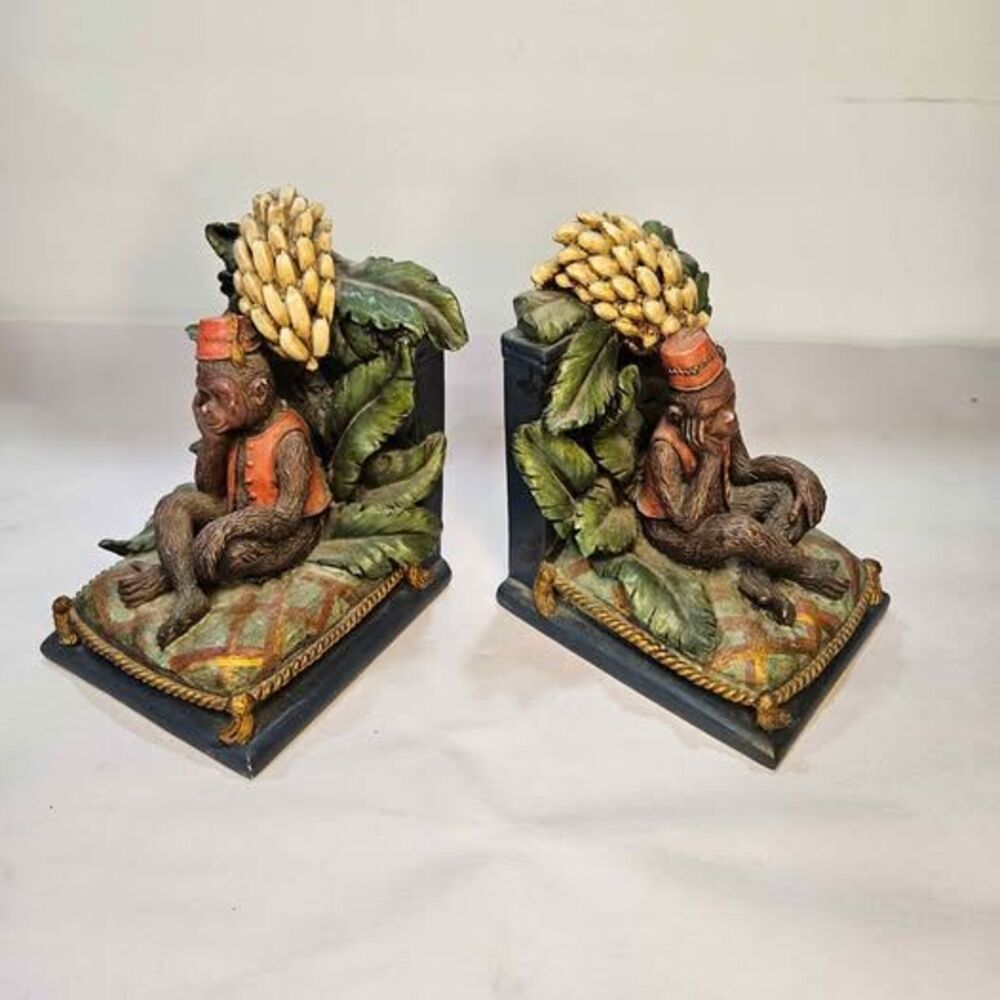 Vintage Style Monkey with Fez and Bananas Resin Bookends - Set of 2